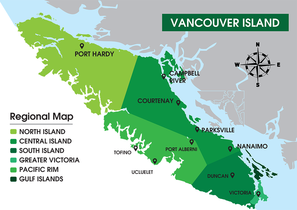 Vancouver Island map with various real estate markets marked.